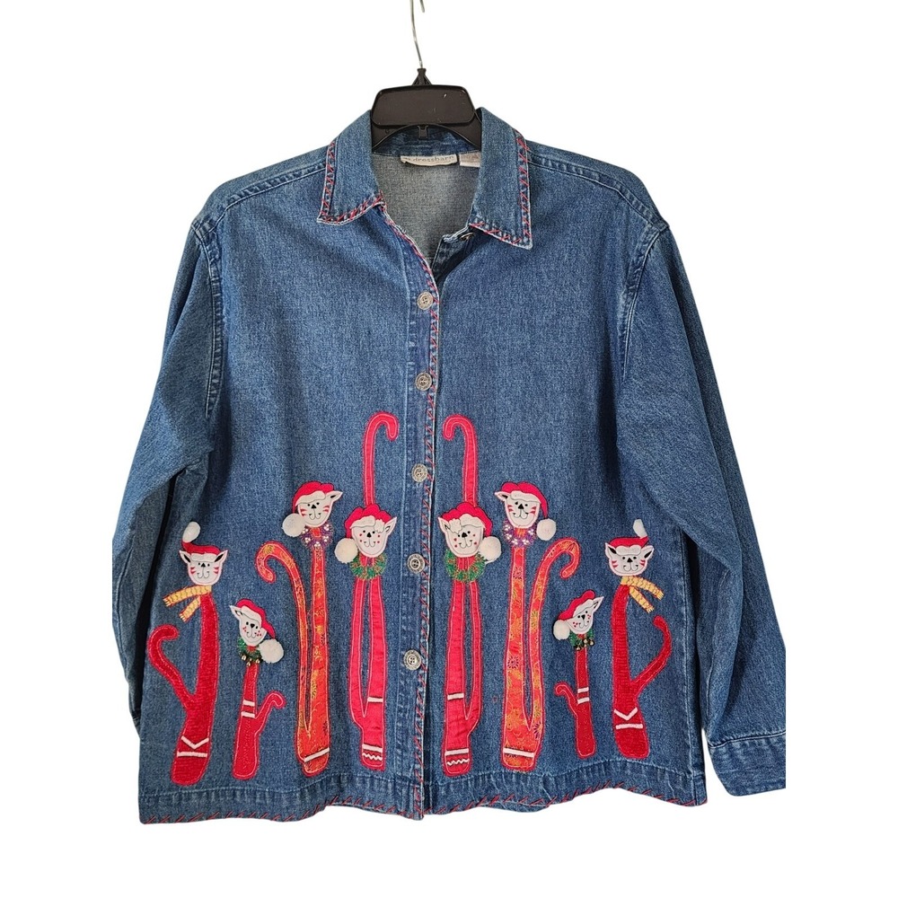 Dress Barn Woman Vintage Blue Jean Denim Jacket Christmas Cats Grandma Core 2X